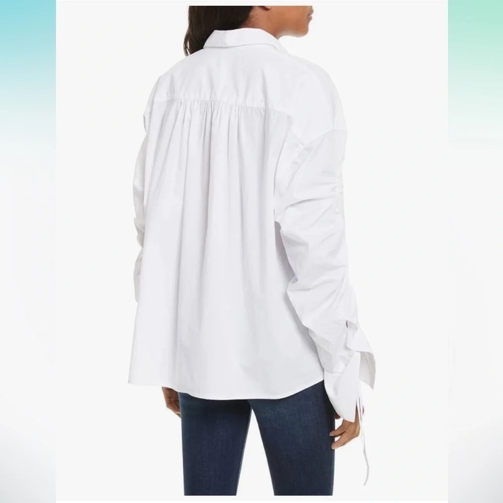 Free People Brown Eyed Girl White Poplin Boyfriend Ruched Sleeves Blouse Shirt